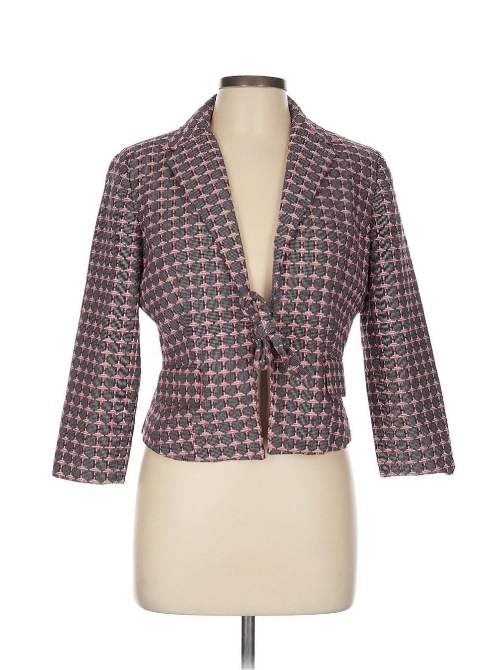Peck & Peck Pink and Gray Cropped Tie-Front Blazer